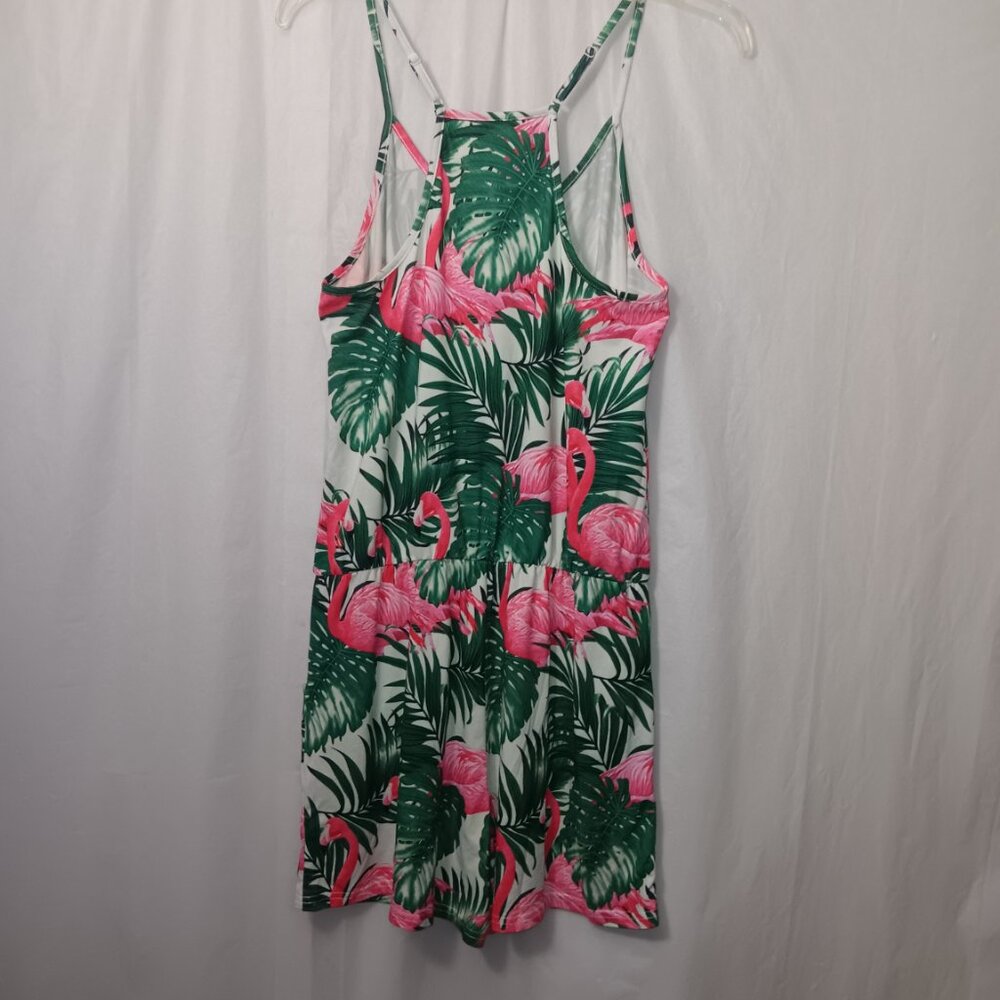 WOMEN'S FLAMINGOS TROPICAL LEAVES POCKET ROMPER - Picture 9 of 12